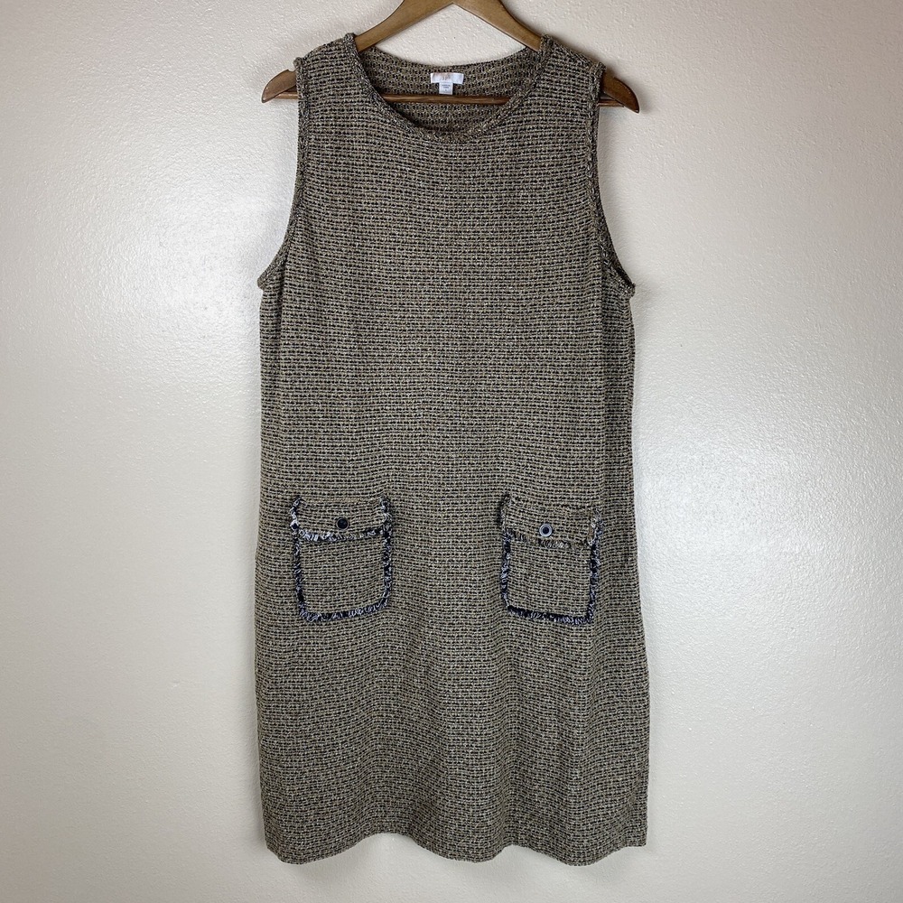 90s J Jill Size L Tweed Knit Tank Shift Dress Brown Knee Length Old Money Career